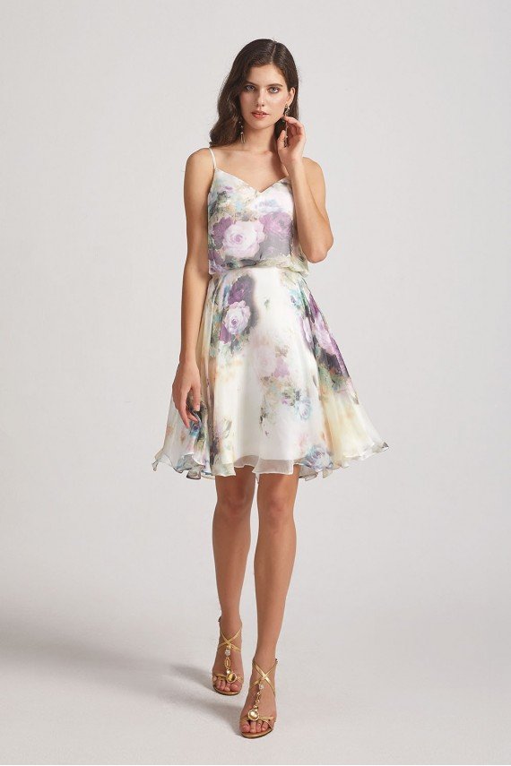Floral-Print Slender Straps Short Bridesmaid Dress UK