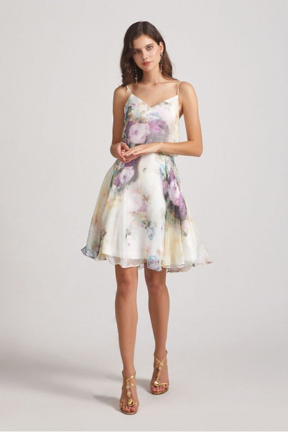 Floral-Print Slender Straps Short Bridesmaid Dress UK
