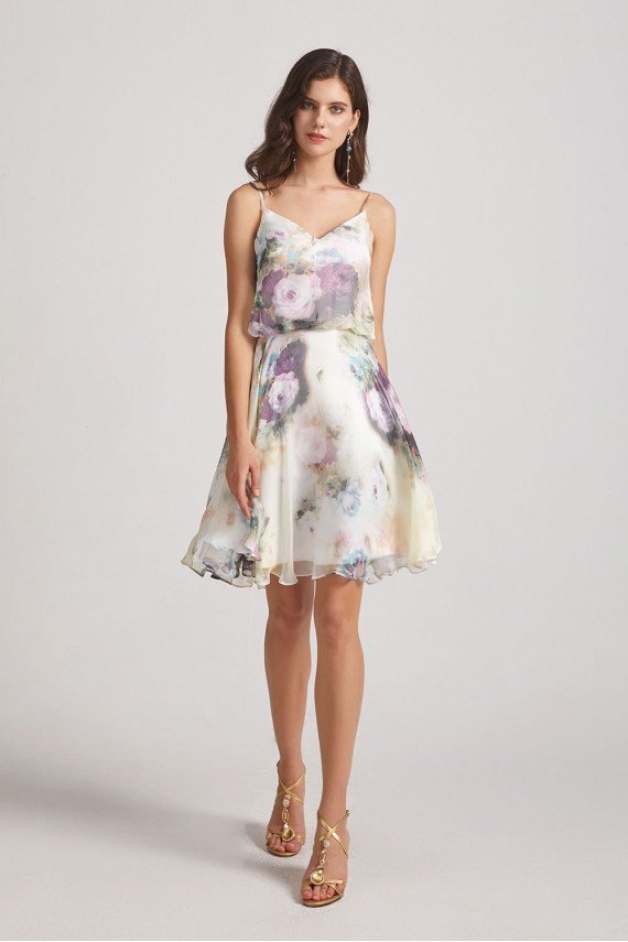 Floral-Print Slender Straps Short Bridesmaid Dress UK