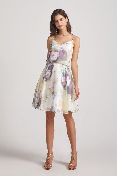 Floral-Print Slender Straps Short Bridesmaid Dress UK