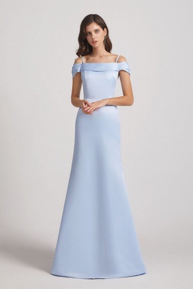 Cold Shoulder Blue Satin Long Trumpet Bridesmaid Dress UK