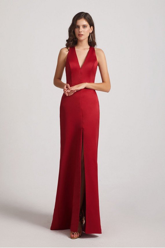 V-Neck Straps Front Split Long Satin Bridesmaid Dress UK