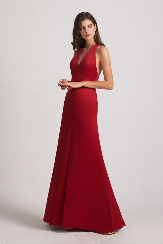 V-Neck Straps Front Split Long Satin Bridesmaid Dress UK