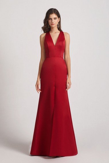 V-Neck Straps Front Split Long Satin Bridesmaid Dress UK