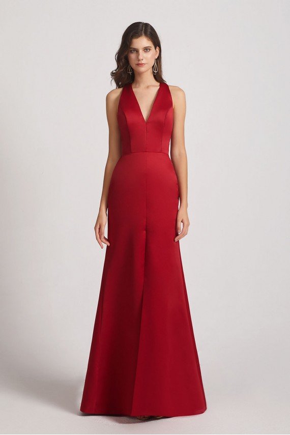 V-Neck Straps Front Split Long Satin Bridesmaid Dress UK