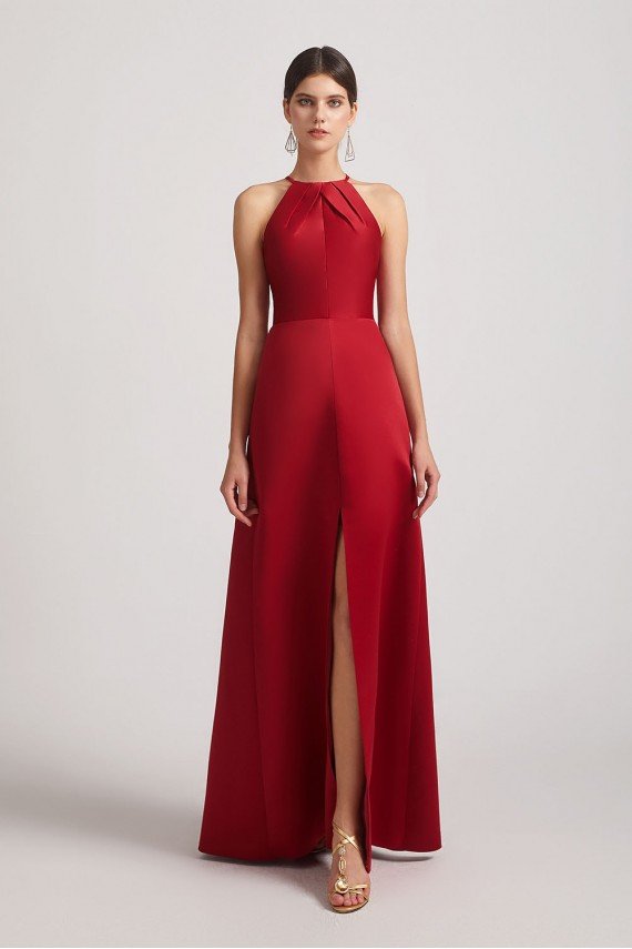 Crinkle Halter Neckline Keyhole Satin Gown with Front Slit UK