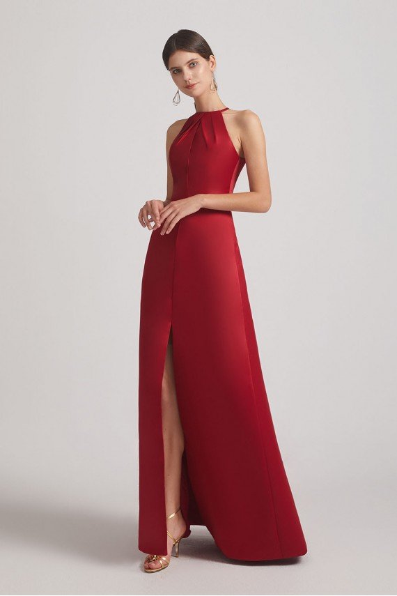 Crinkle Halter Neckline Keyhole Satin Gown with Front Slit UK