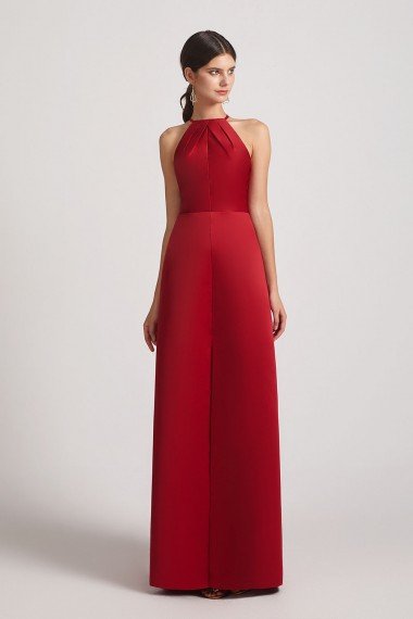 Crinkle Halter Neckline Keyhole Satin Gown with Front Slit UK