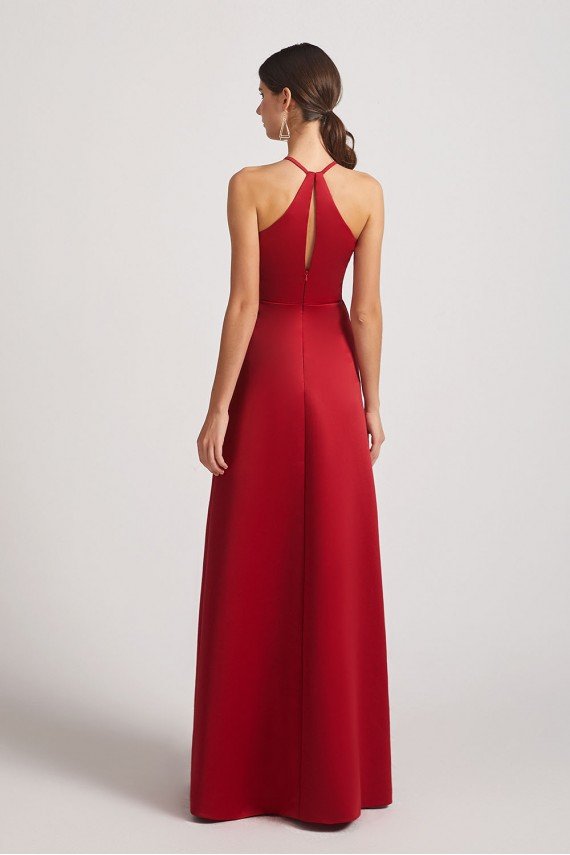 Crinkle Halter Neckline Keyhole Satin Gown with Front Slit UK