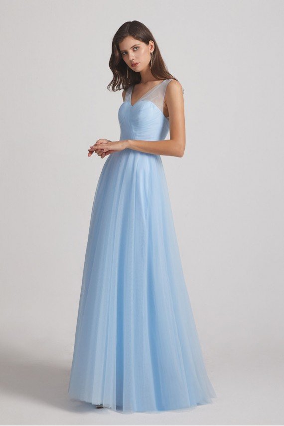 V-Neck Sleeveless Sheer Back Long Tulle Bridesmaid Dress UK