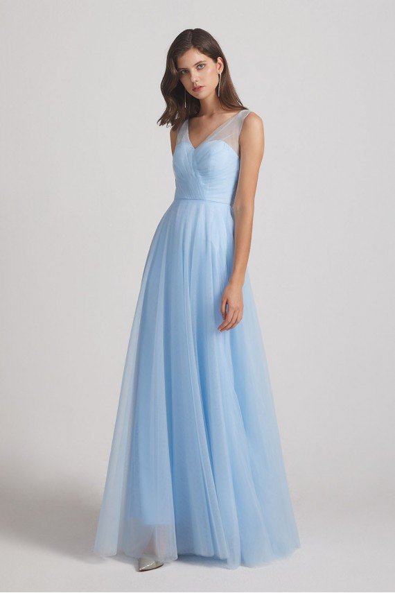 V-Neck Sleeveless Sheer Back Long Tulle Bridesmaid Dress UK