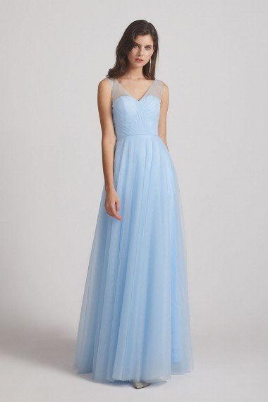 V-Neck Sleeveless Sheer Back Long Tulle Bridesmaid Dress UK