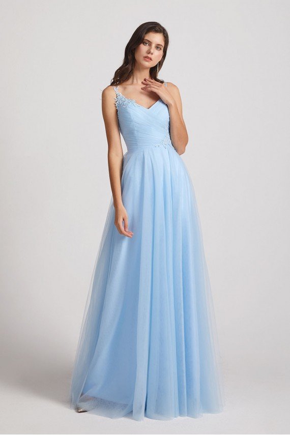 Spaghetti Straps V-Neck Pleated Long Tulle Bridesmaid Dress UK
