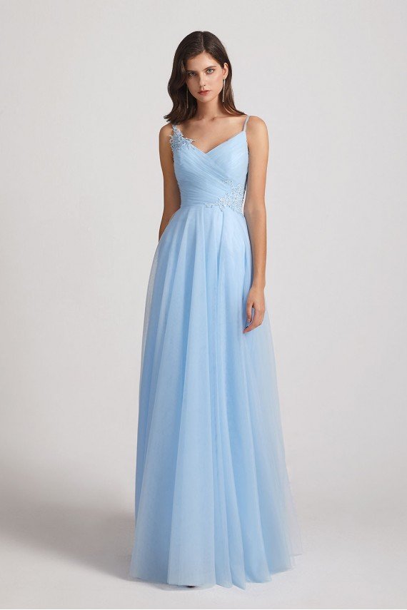 Spaghetti Straps V-Neck Pleated Long Tulle Bridesmaid Dress UK