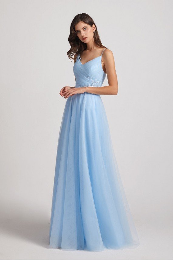 Spaghetti Straps V-Neck Pleated Long Tulle Bridesmaid Dress UK