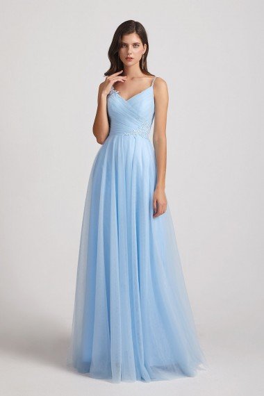 Spaghetti Straps V-Neck Pleated Long Tulle Bridesmaid Dress UK