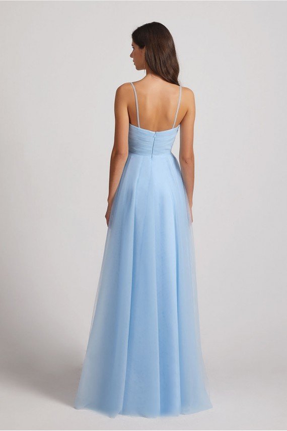 Spaghetti Straps V-Neck Pleated Long Tulle Bridesmaid Dress UK