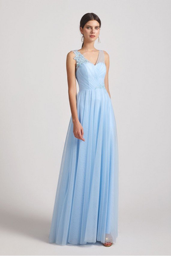 A-Line V-Neck Long Tulle Bridesmaid Dress with Straps UK