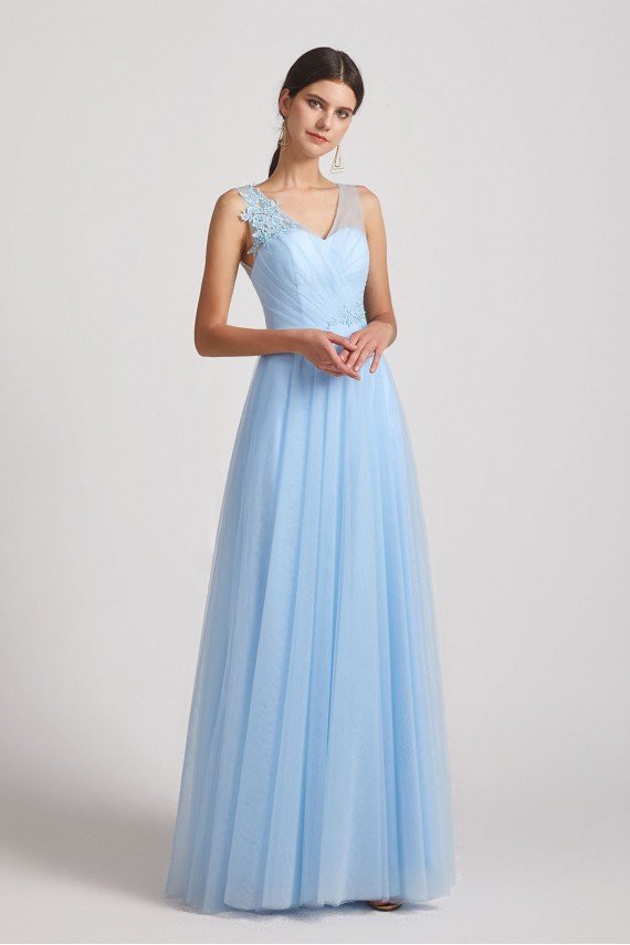 A-Line V-Neck Long Tulle Bridesmaid Dress with Straps UK
