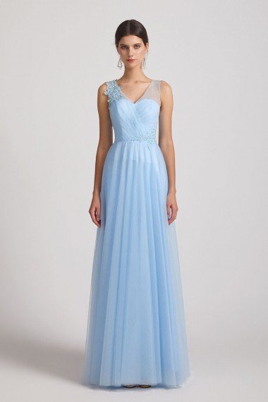 A-Line V-Neck Long Tulle Bridesmaid Dress with Straps UK