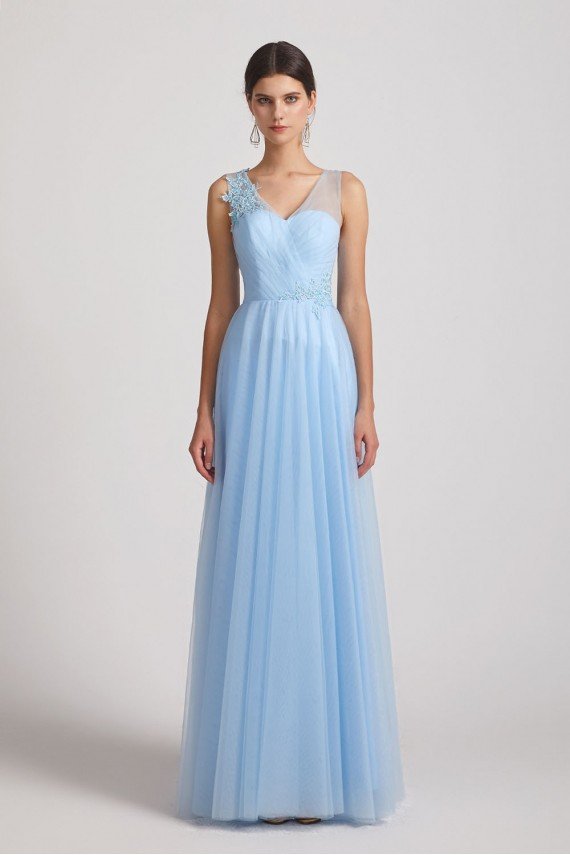 A-Line V-Neck Long Tulle Bridesmaid Dress with Straps UK