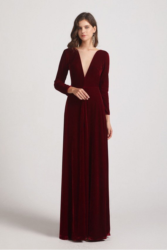 Sexy Long Sleeve Velvet Bridesmaid Dress with Illusion Deep V-Neck UK