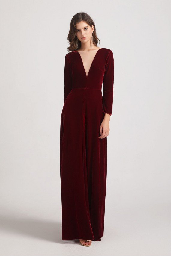Sexy Long Sleeve Velvet Bridesmaid Dress with Illusion Deep V-Neck UK