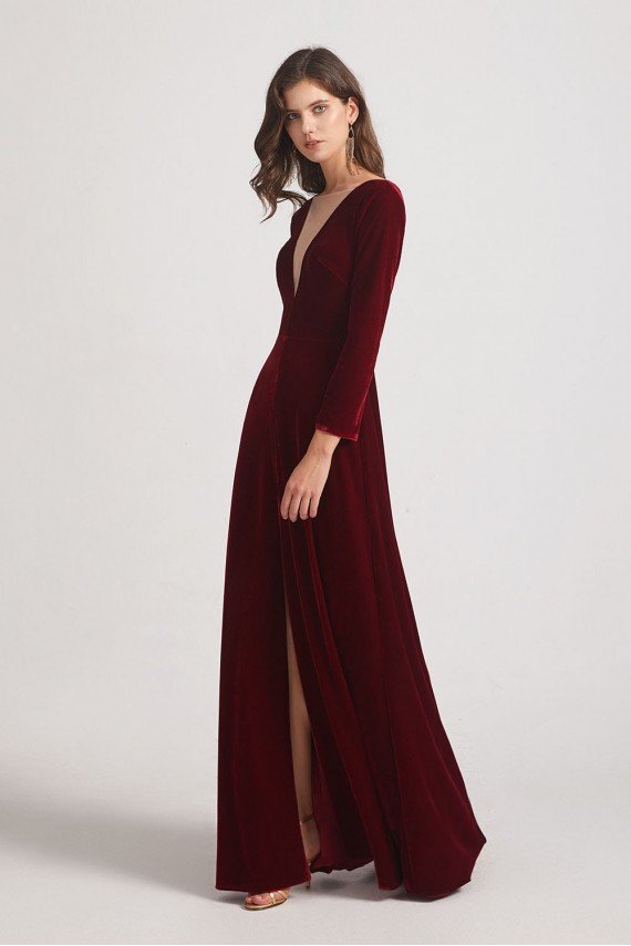 Sexy Long Sleeve Velvet Bridesmaid Dress with Illusion Deep V-Neck UK