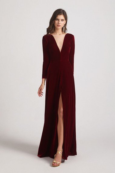Sexy Long Sleeve Velvet Bridesmaid Dress with Illusion Deep V-Neck UK