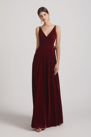 Spaghetti Straps Velvet Faux Wrap Bridesmaid Dress with Waist Tie UK