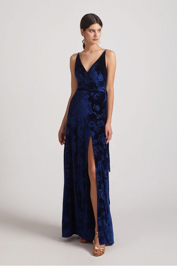 Velvet Floral Pattern Bridesmaid Dress with V-Neck and Straps UK