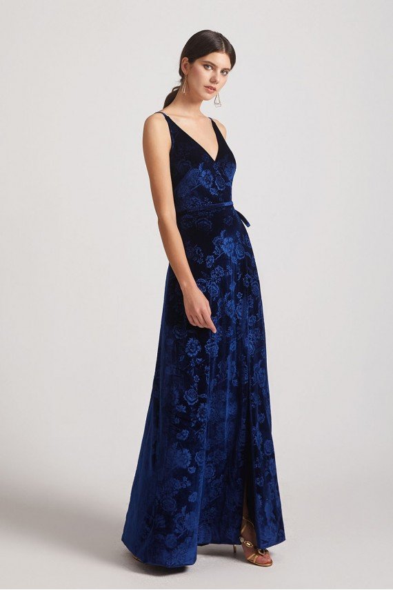 Velvet Floral Pattern Bridesmaid Dress with V-Neck and Straps UK
