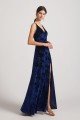 Velvet Floral Pattern Bridesmaid Dress with V-Neck and Straps UK