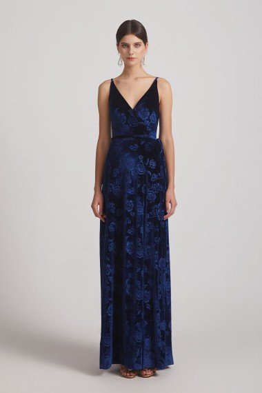 Velvet Floral Pattern Bridesmaid Dress with V-Neck and Straps UK