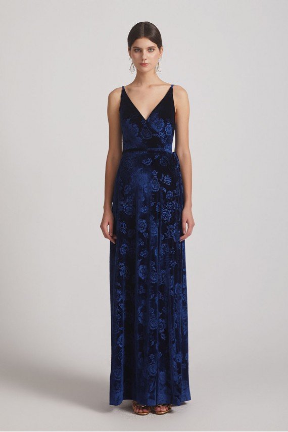 Velvet Floral Pattern Bridesmaid Dress with V-Neck and Straps UK