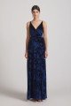 Velvet Floral Pattern Bridesmaid Dress with V-Neck and Straps UK