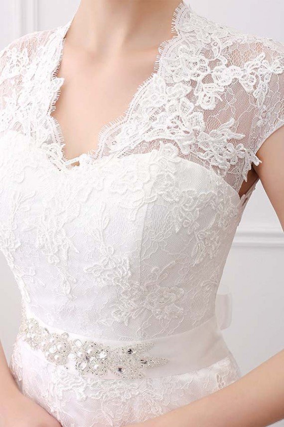 Ivory V-Neck Cap Sleeves Belt Mermaid Vintage Lace Wedding Dress UK