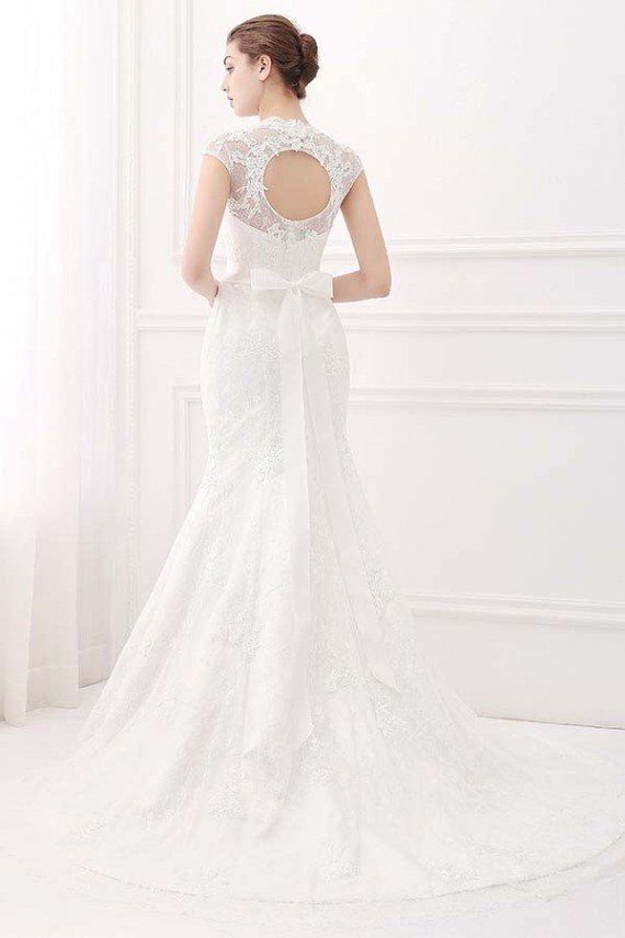 Ivory V-Neck Cap Sleeves Belt Mermaid Vintage Lace Wedding Dress UK