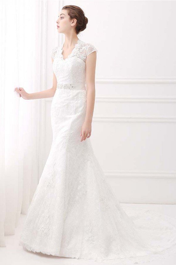 Ivory V-Neck Cap Sleeves Belt Mermaid Vintage Lace Wedding Dress UK