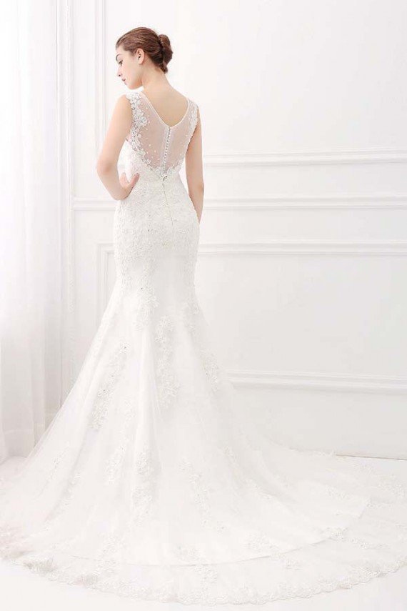 Ivory Wide Straps Mermaid V-neck Lace Wedding Dress UK