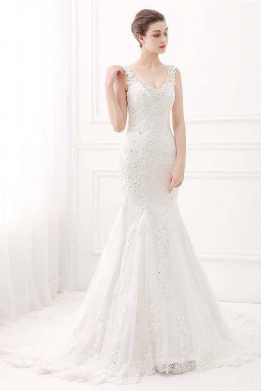 Ivory Wide Straps Mermaid V-neck Lace Wedding Dress UK