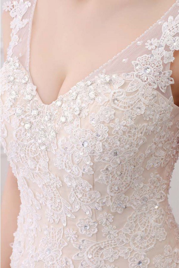 Mermaid V-neck Lace Ivory & Champagne Wedding Dress UK