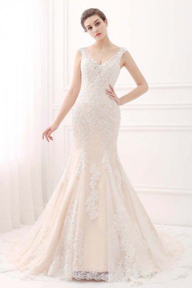 Mermaid V-neck Lace Ivory & Champagne Wedding Dress UK