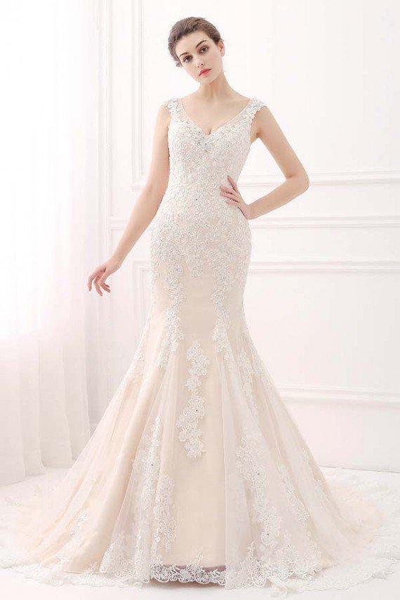 Mermaid V-neck Lace Ivory & Champagne Wedding Dress UK