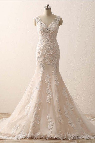 Sleeveless V-neck Mermaid Ivory Lace Over Champagne Wedding Dress with Sweep Train UK