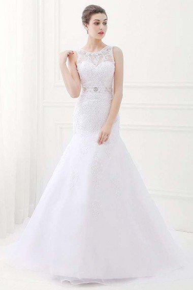 White Jewel Sleeveless Mermaid Lace Wedding Dress With Belt UK