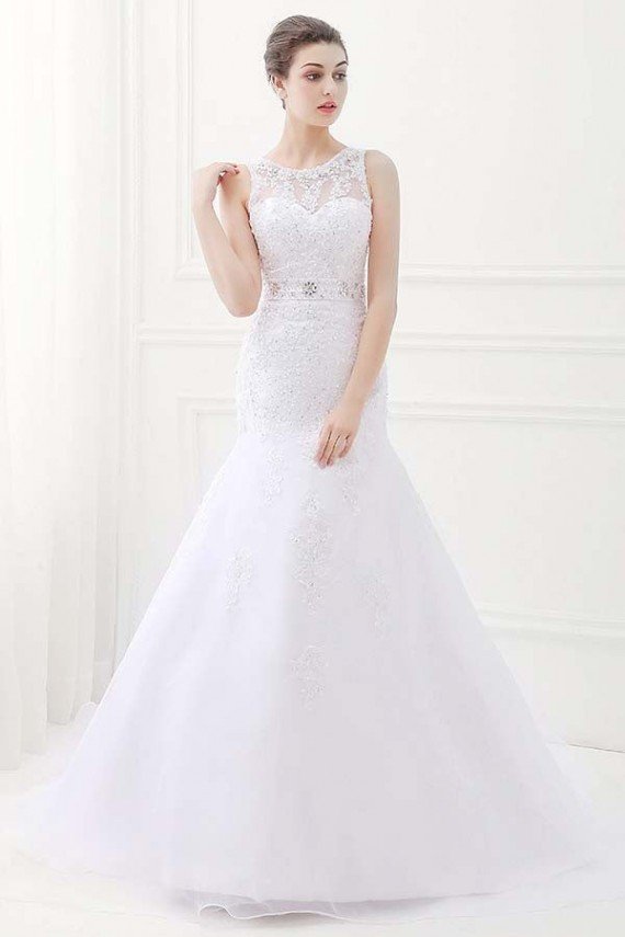 White Jewel Sleeveless Mermaid Lace Wedding Dress With Belt UK