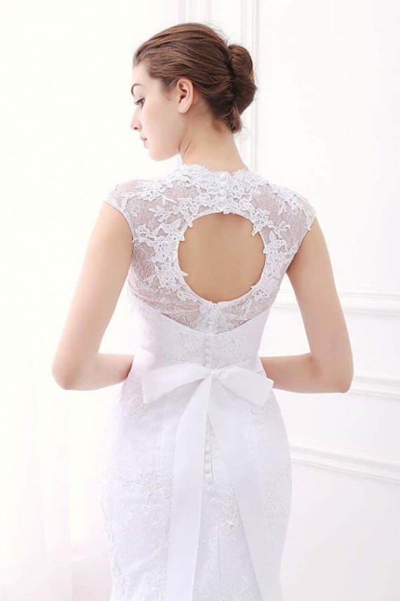 White Mermaid Lace V-Neck Cap Sleeves Wedding Dress With Belt UK