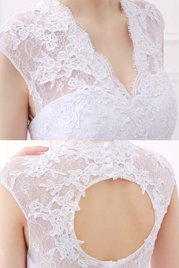 White Mermaid Lace V-Neck Cap Sleeves Wedding Dress With Belt UK