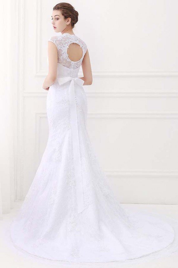 White Mermaid Lace V-Neck Cap Sleeves Wedding Dress With Belt UK